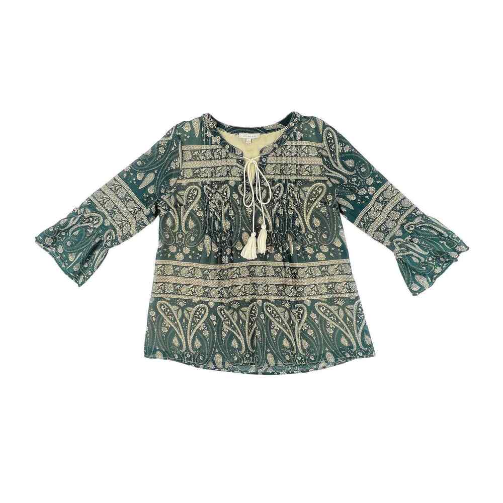 SKIES ARE BLUE Blouse Women S Green Paisley Bell Sleeve Tassel Tie Lined Boho